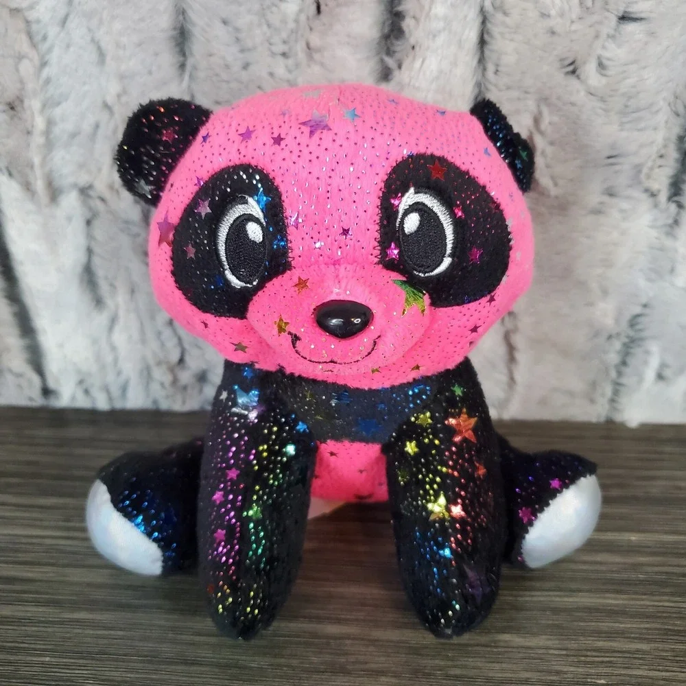Fiesta Pink Panda Plush Metallic Rainbow Stars Fur 6